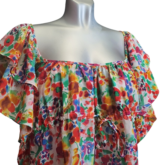 H&M Garden Collection Blouse Size 12 Watercolour Floaty Frill Top Milkmaid - Picture 4 of 9